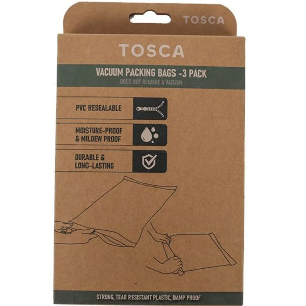 Tosca vacuum packing bags packaging with brown cardboard and product illustration.