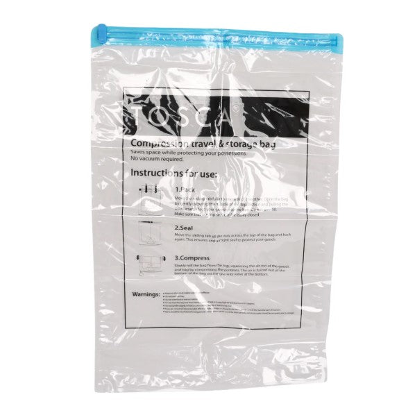 Compression travel and storage bag with instructions on a white background