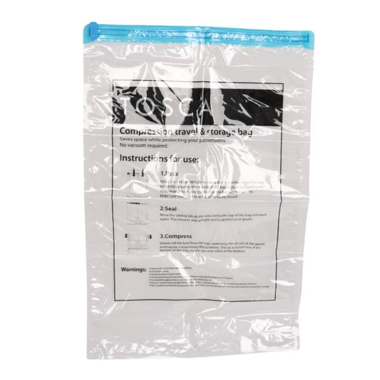 Compression travel and storage bag with instructions on a white background