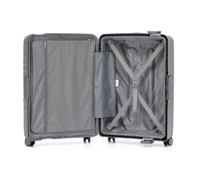 Open gray suitcase on a white background