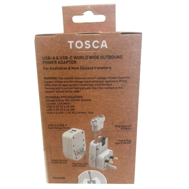 Tosca USB-A and USB-C world-wide outbound power adaptor packaging on a white background