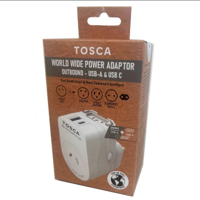 Tosca world wide power adapter packaging with a white background