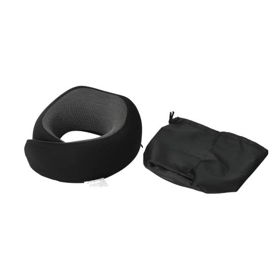 Black neck pillow with mesh design and carrying bag on a white background