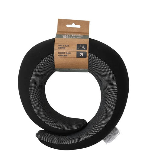 Black neck pillow with packaging on a white background
