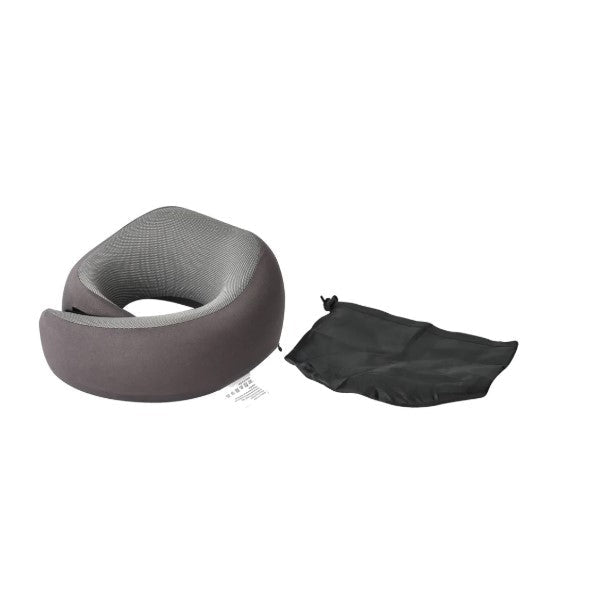Gray neck pillow with a black carrying case on a white background