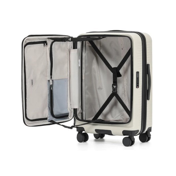 White suitcase with clear front panel on a white background