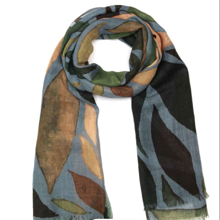 Multicolored scarf with leaf pattern on a white background