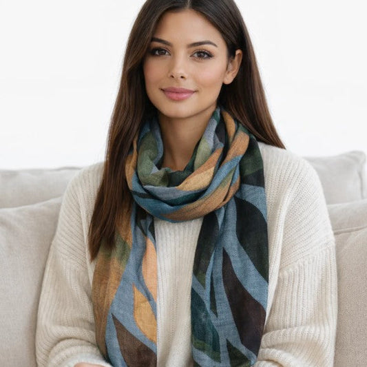 Woman wearing a patterned scarf sitting on a couch