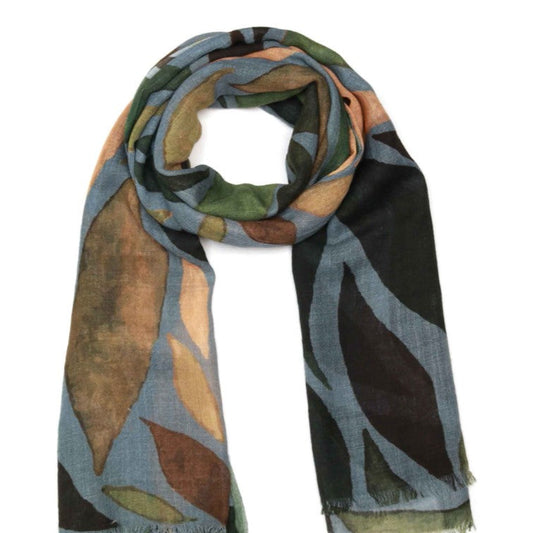 Multicolored scarf with leaf pattern on a white background