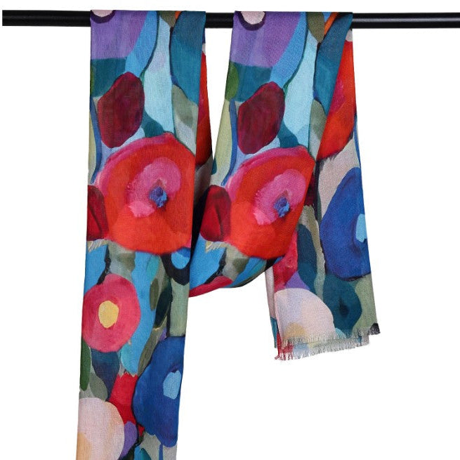 Colorful floral-patterned scarf on a white background