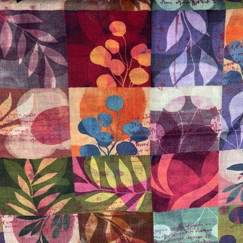 Multicolored fabric with floral and abstract patterns