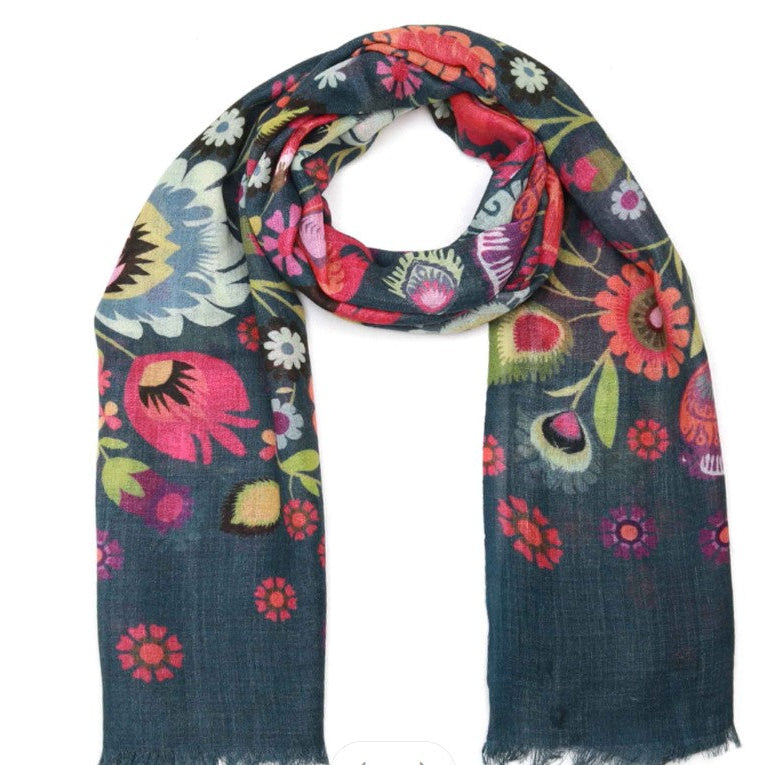 Colorful floral patterned scarf on a white background