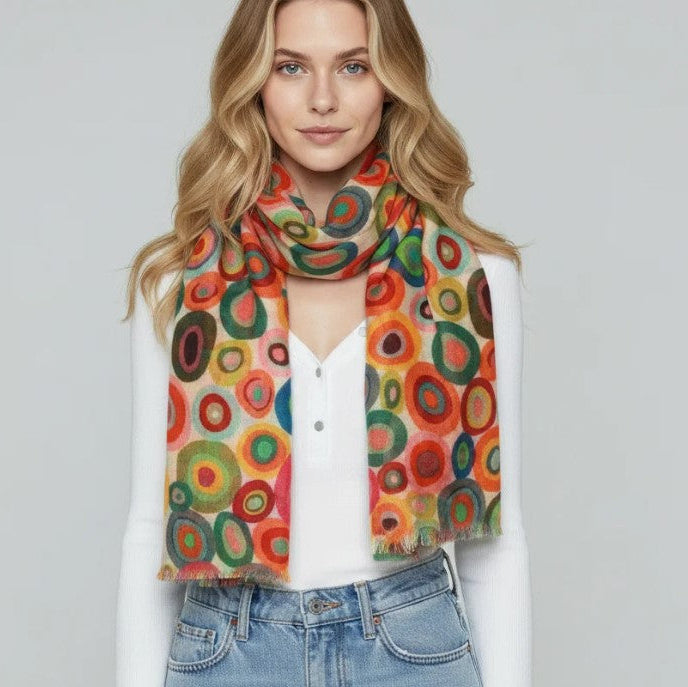 Woman wearing a colorful scarf with a pattern of concentric circles on a plain background
