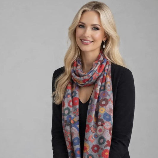 Woman wearing a colorful scarf against a gray background