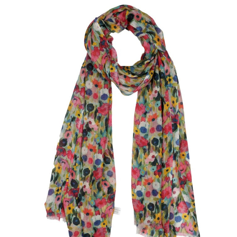 Multicolored floral patterned scarf on a white background