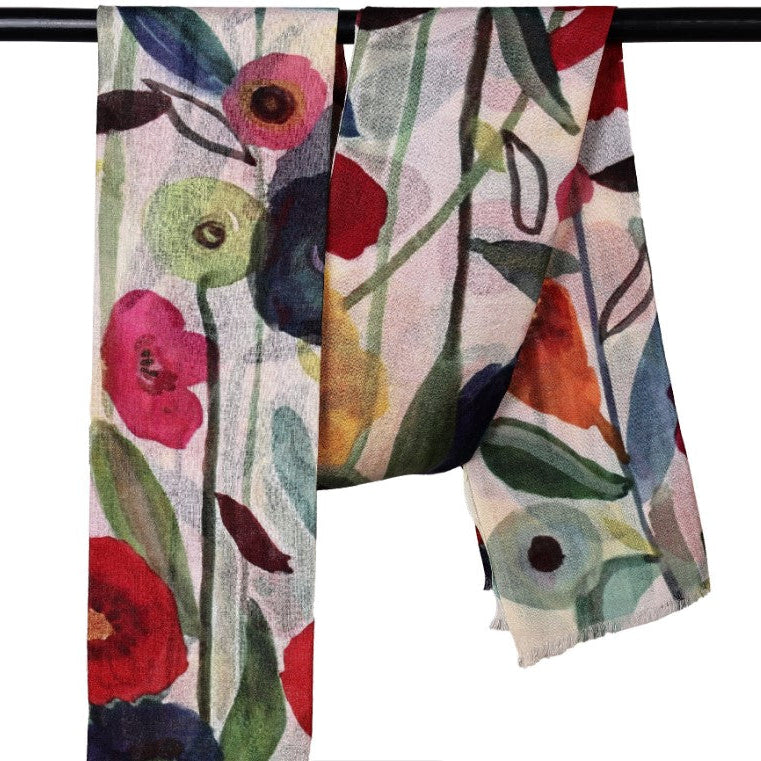 Colorful floral scarf with red, pink, green, and blue flowers on a white background