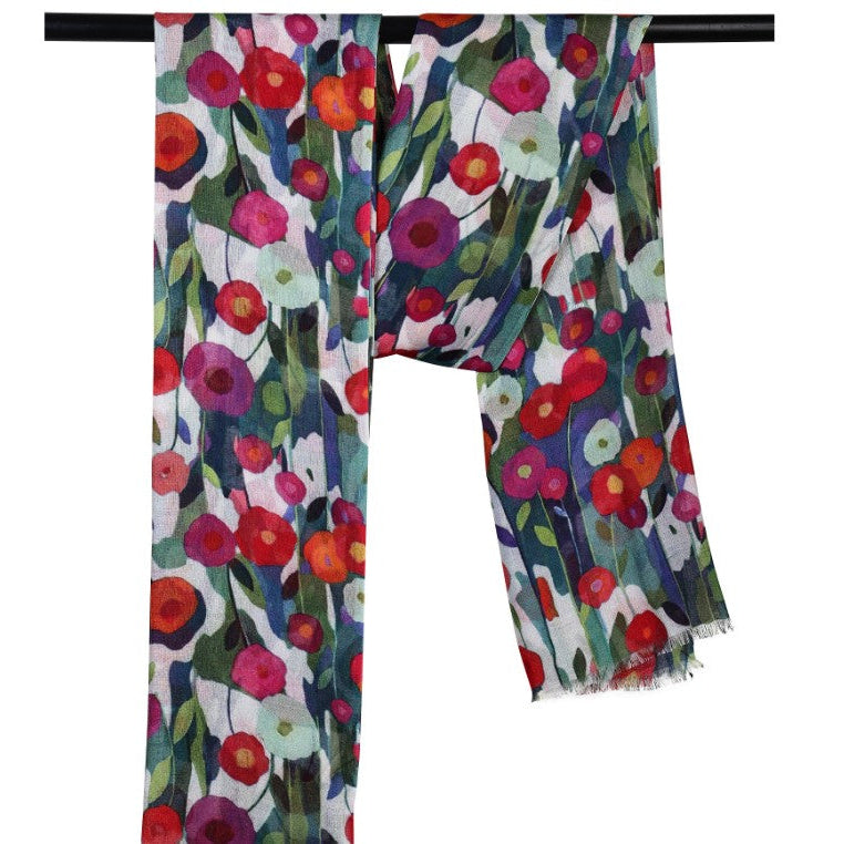 Colorful floral-patterned scarf on a white background