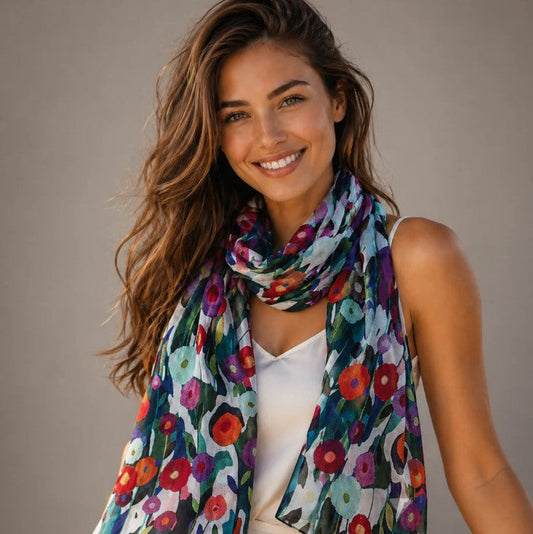 Woman wearing a colorful floral scarf against a neutral background
