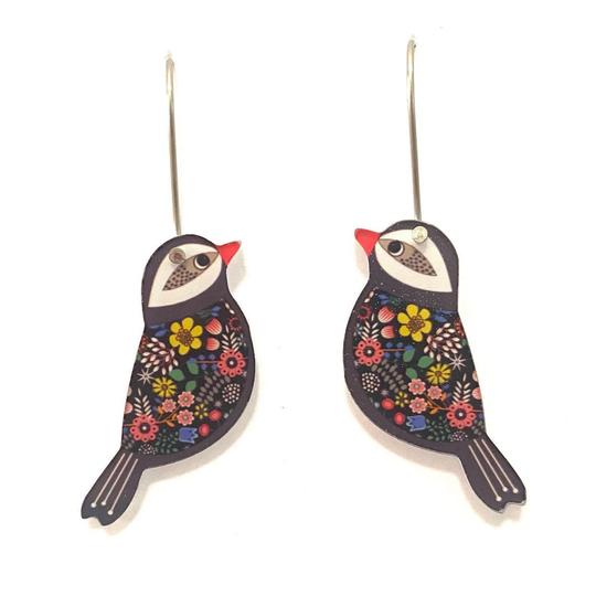 Earrings- Mini Black Retro Floral Bird Hook
