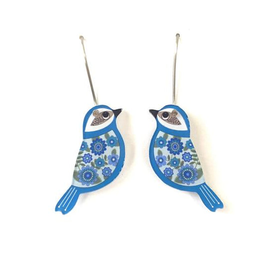 Earrings- Mini Blue Retro Floral Bird Hook