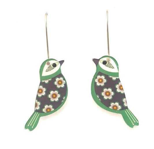 Earrings- Mini Green Retro Floral Bird Hook